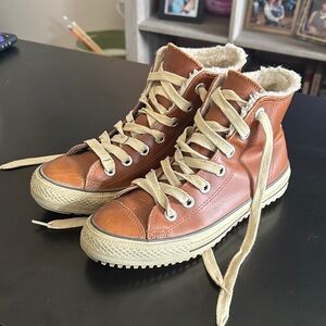 Brown High-Top Sneakers with Cream Laces